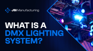 JSI Manufacturing graphic with stage lights and the text 'What is a DMX Lighting System?'