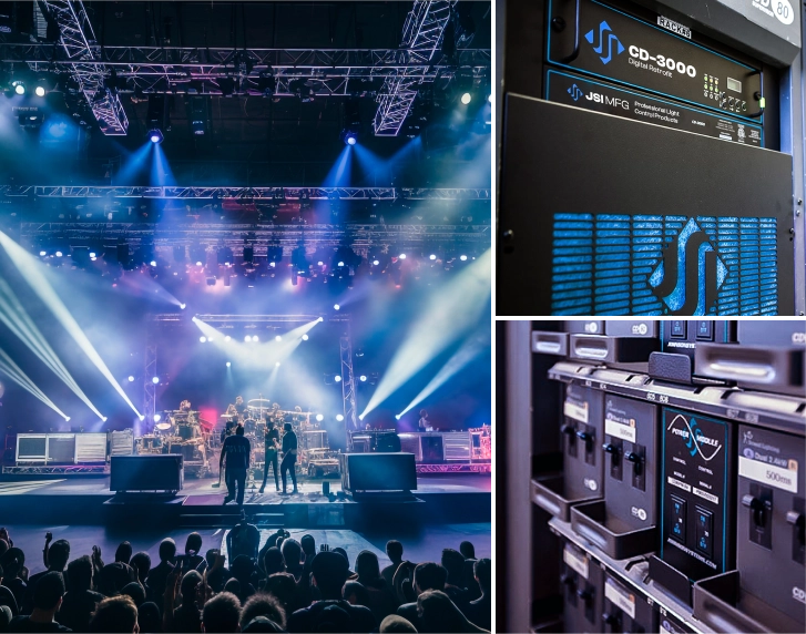 Live concert stage with colorful DMX-controlled lighting beams, technicians on stage, and close-up shots of DMX lighting controllers and digital dimmer racks.
